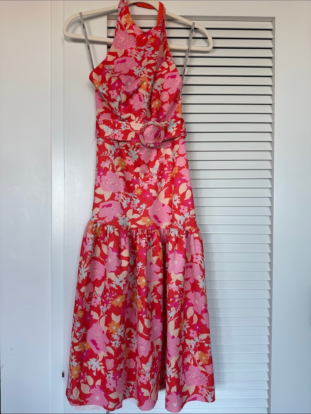ASOS Pink & Red Floral Halter Midi Dress with Belt (NWT)
